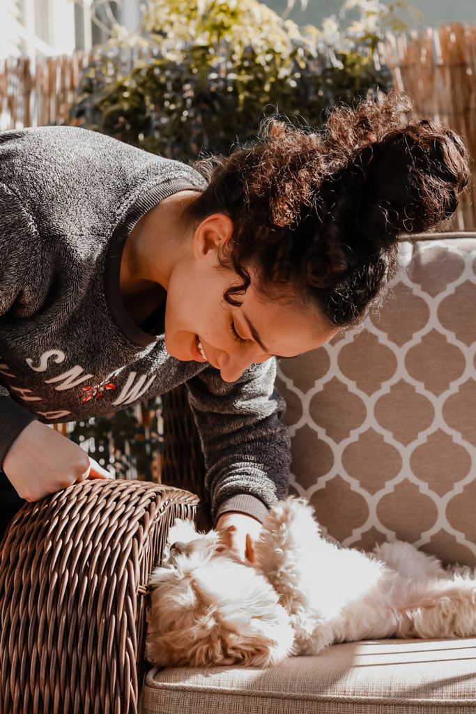 A joyful interaction between a woman and her adorable pet dog on a sunny day.