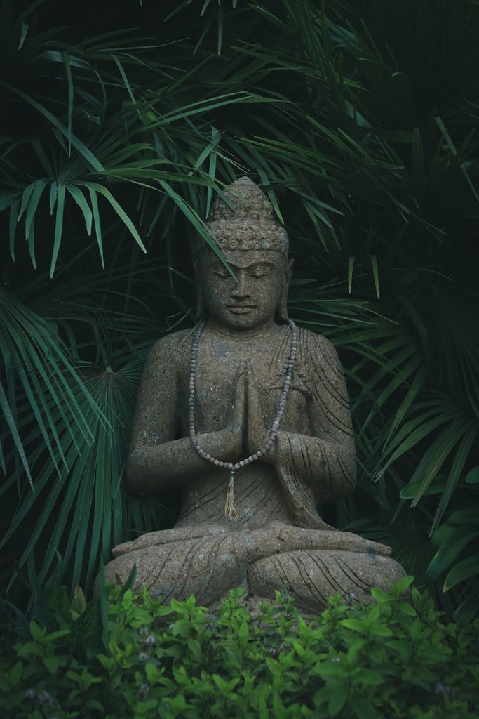 A serene stone Buddha statue sits in meditation surrounded by vibrant green foliage, creating a peaceful zen atmosphere.